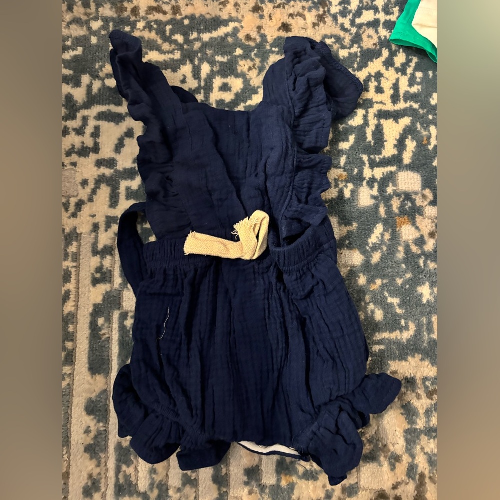 Navy Blue Girls Ruffle-Trim Cotton Romper